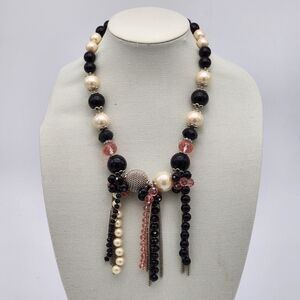 Lafayette 148 New York Bead Pearl Chain Dangle Statement Necklace Black Pink